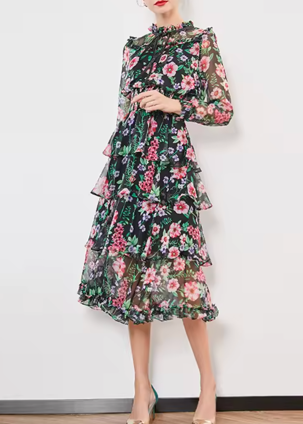 chiffon midi dress with floral print and bow neck – FLORA