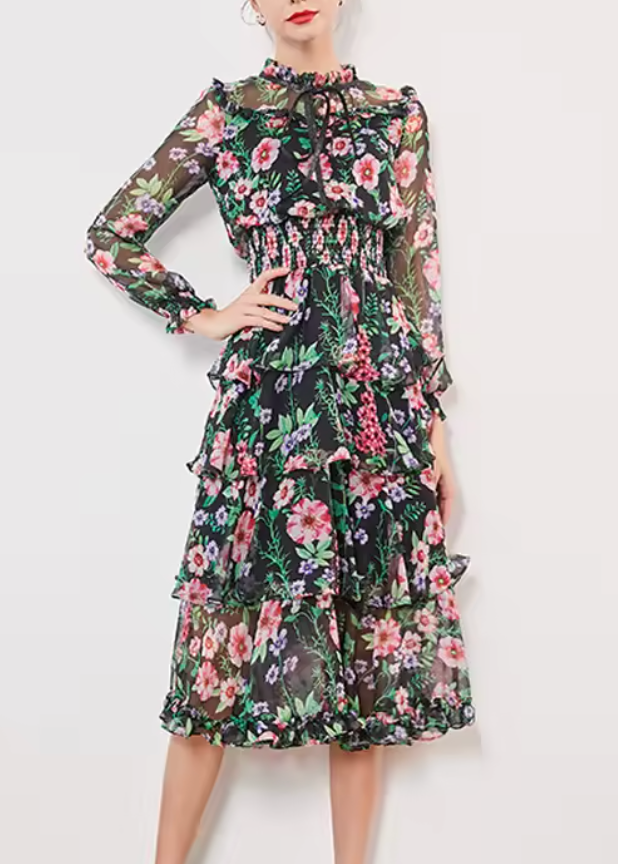 chiffon midi dress with floral print and bow neck – FLORA