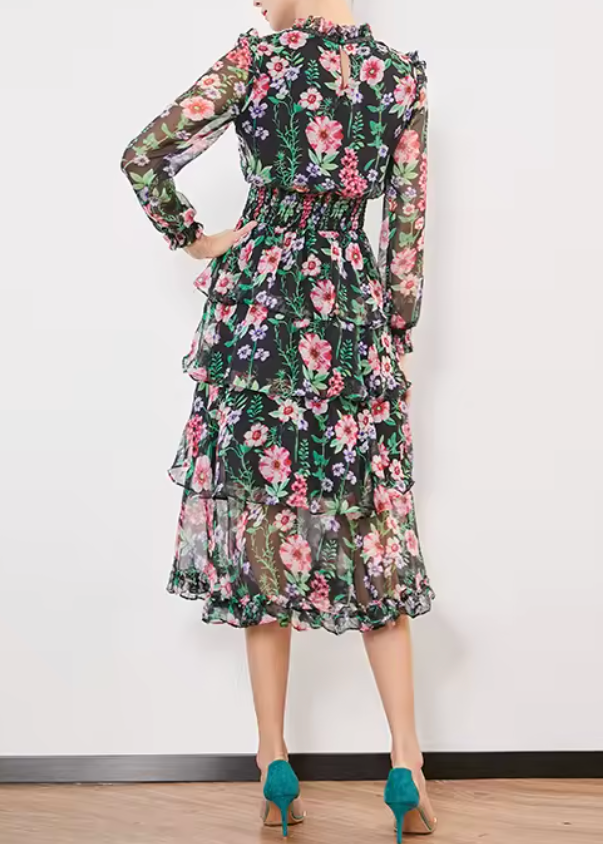 chiffon midi dress with floral print and bow neck – FLORA