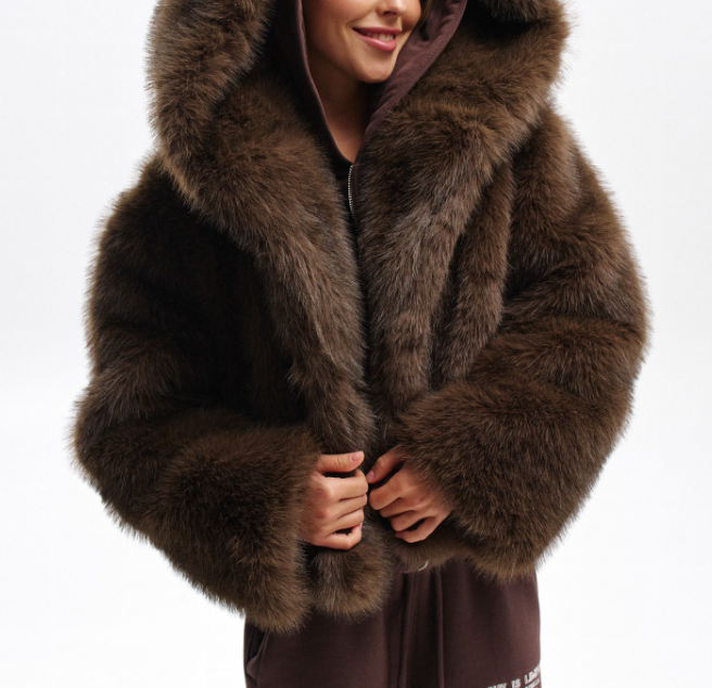 cropped faux fur hooded jacket – MARRONE
