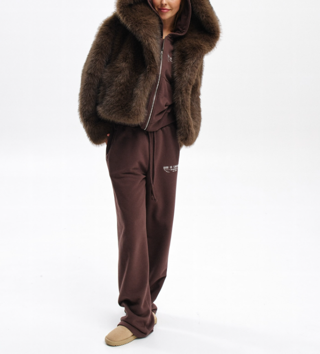 cropped faux fur hooded jacket – MARRONE