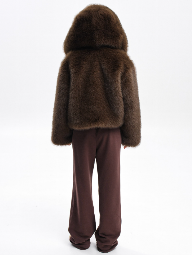 cropped faux fur hooded jacket – MARRONE