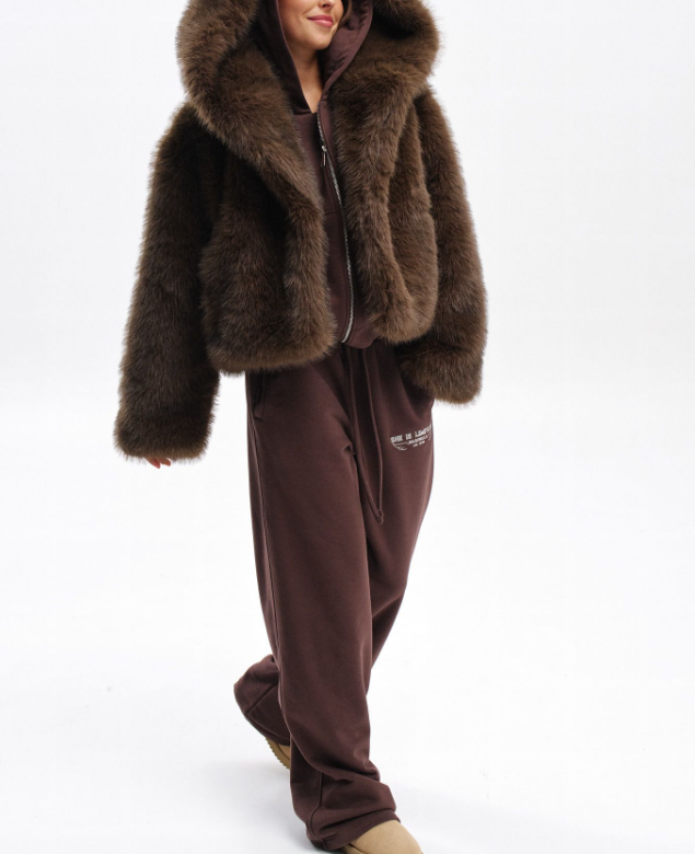 cropped faux fur hooded jacket – MARRONE