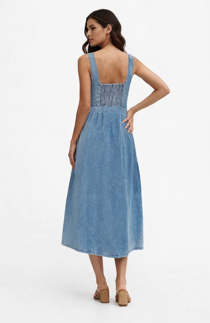 Button-front denim midi dress with fitted bodice – INDIGO