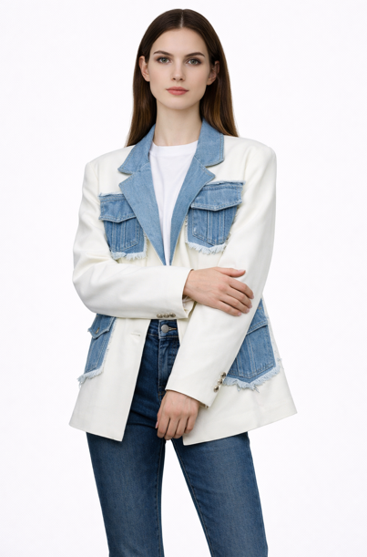 contrast denim patch blazer with frayed details – IZORY