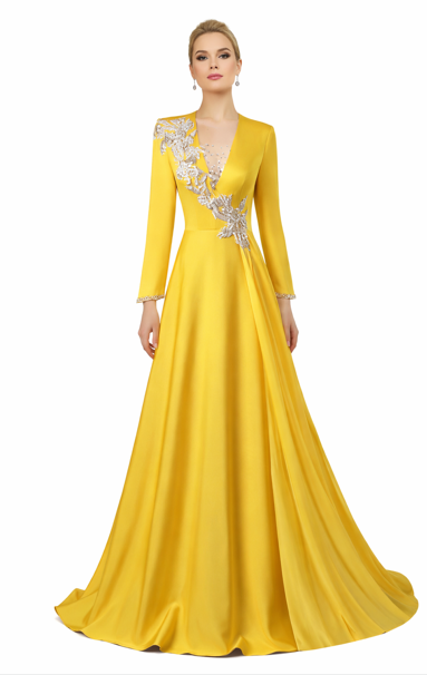 long-sleeve A-line evening gown with silver leaf embroidery – IMPERIA
