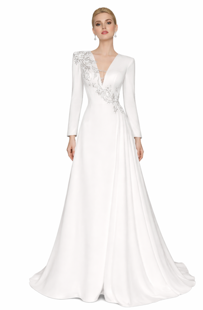 long-sleeve A-line evening gown with silver leaf embroidery – IMPERIA
