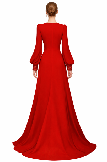 long-sleeve A-line evening gown with embellished V-neck – VALENTINA