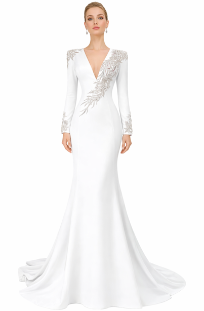 long-sleeve mermaid evening gown with sculpted embroidery – REGINA