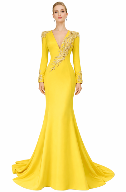 long-sleeve mermaid evening gown with sculpted embroidery – REGINA