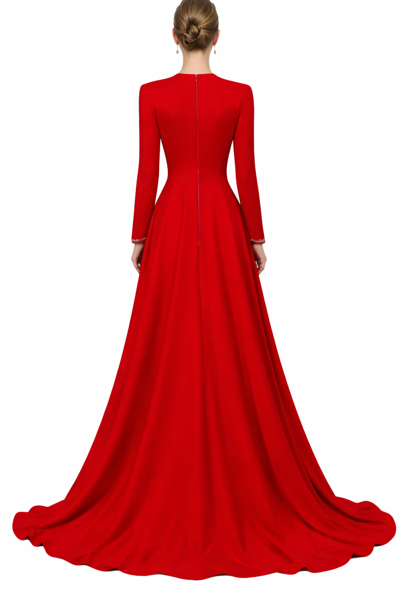 long-sleeve A-line evening gown with silver leaf embroidery – IMPERIA