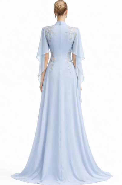 flowy chiffon evening gown with embroidered bodice – AZURE