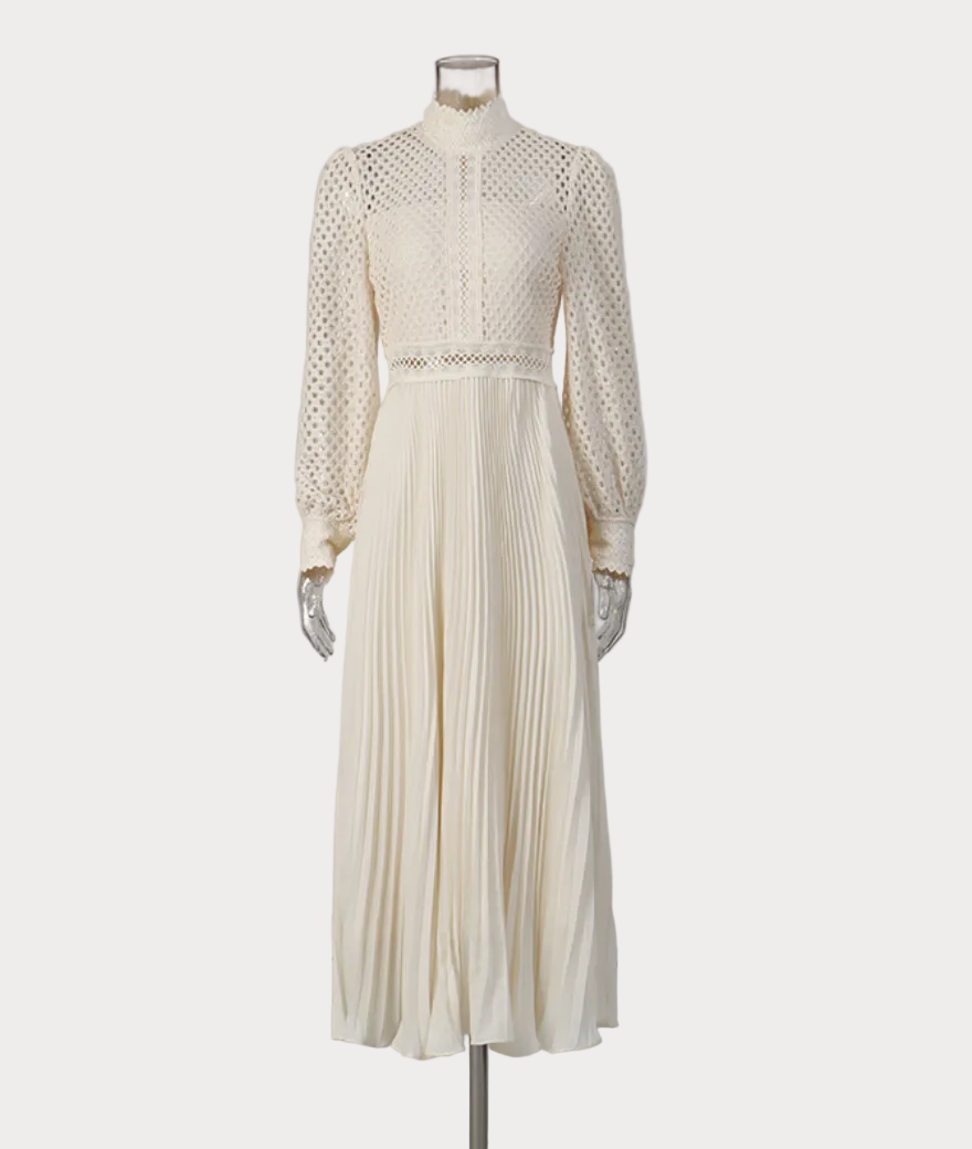 high-neck lace bodice pleated maxi dress – GRACE