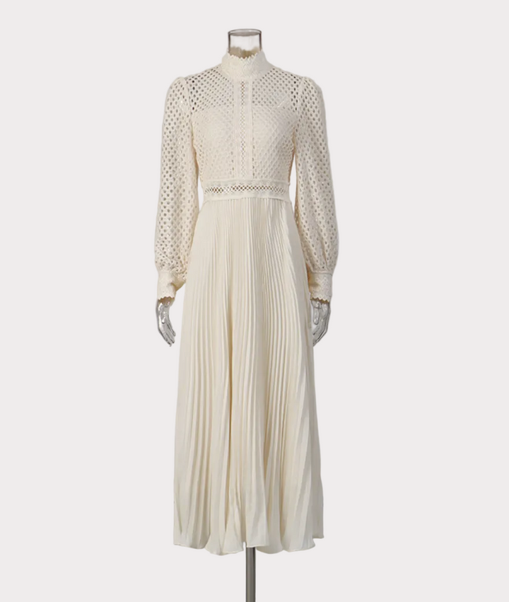 high-neck lace bodice pleated maxi dress – GRACE