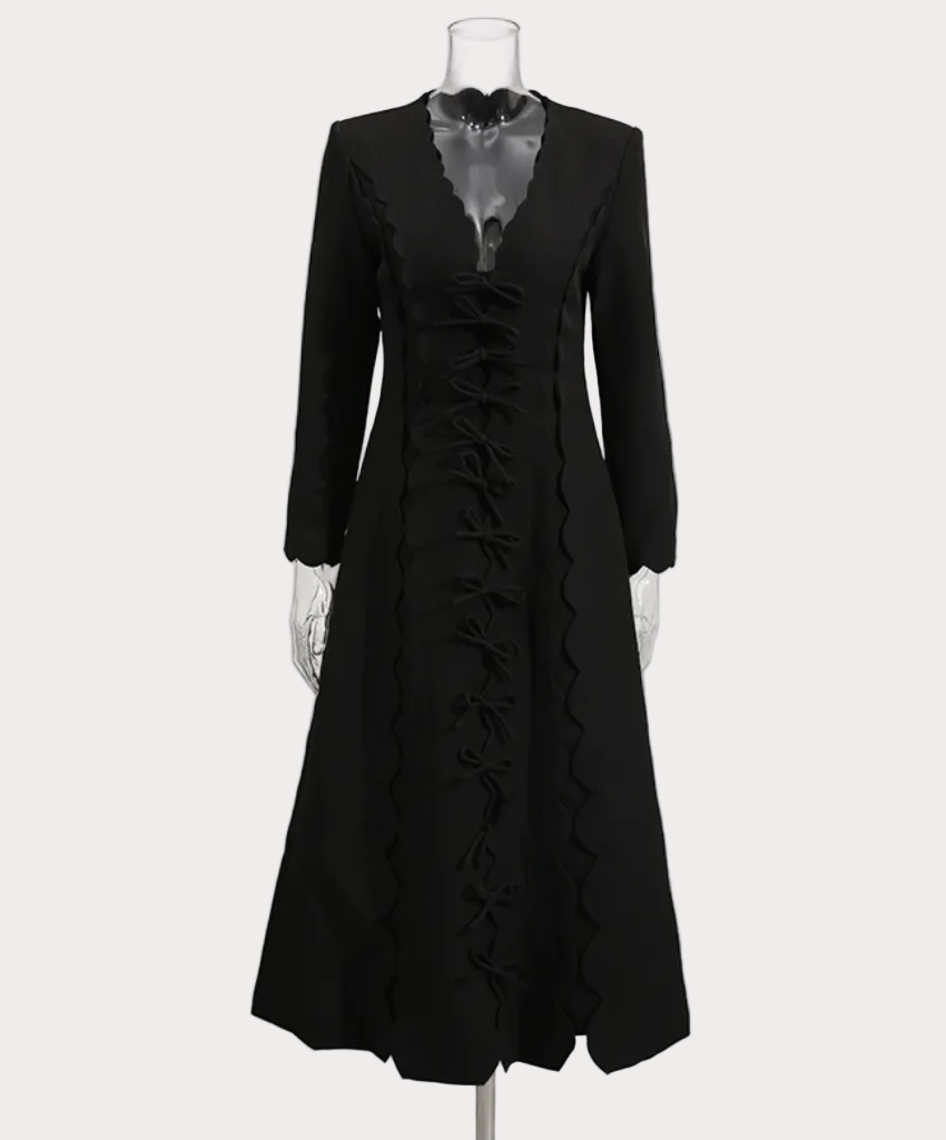 scalloped V-neck lace-up midi dress – CHARM