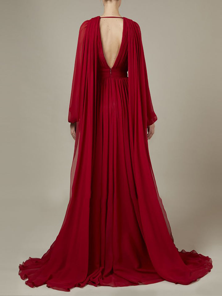 deep V-neck chiffon gown with bishop sleeves – Tessi