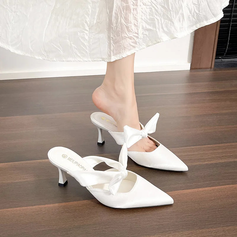 satin pointed-toe mules with bow strap - SOFIA