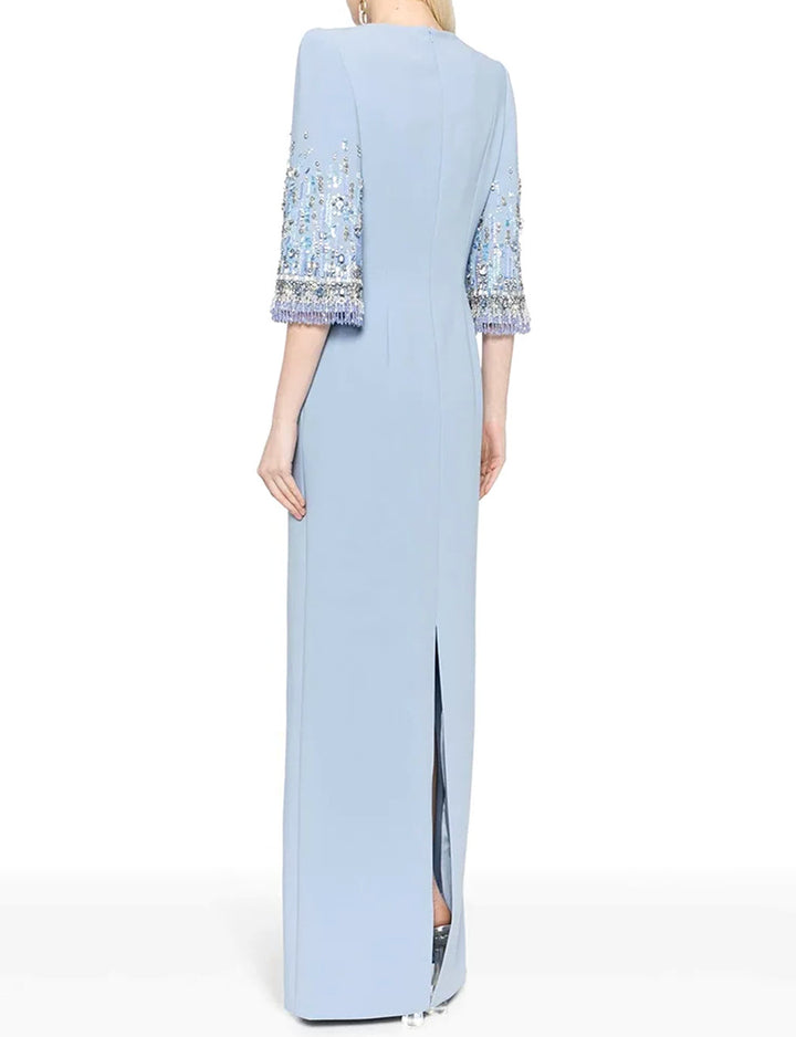 robe cache-cœur à manches trois-quarts avec revers à sequins et appliqué floral – ALINA 