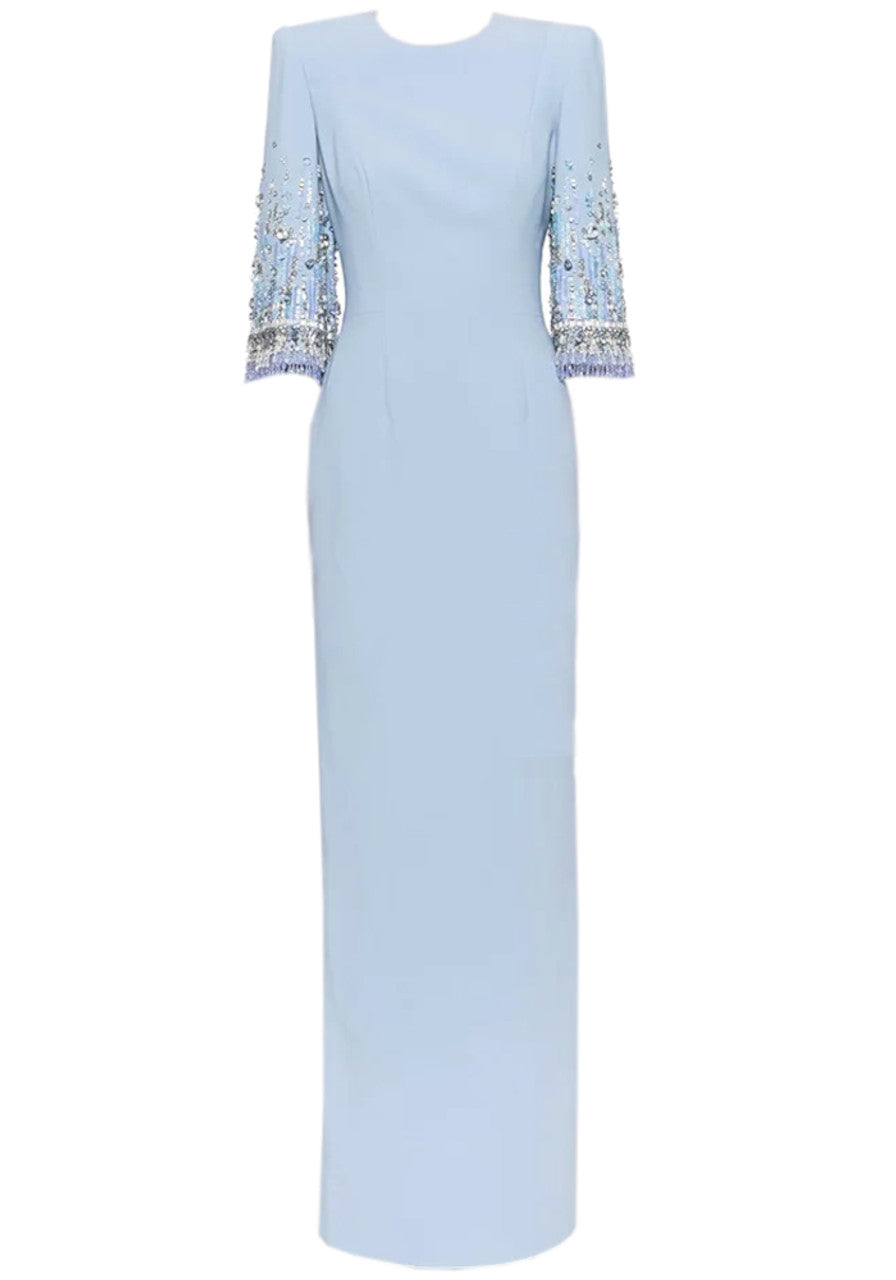 robe cache-cœur à manches trois-quarts avec revers à sequins et appliqué floral – ALINA 