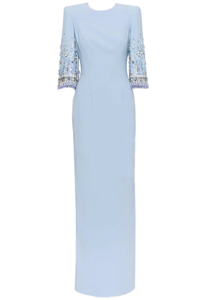 robe cache-cœur à manches trois-quarts avec revers à sequins et appliqué floral – ALINA 