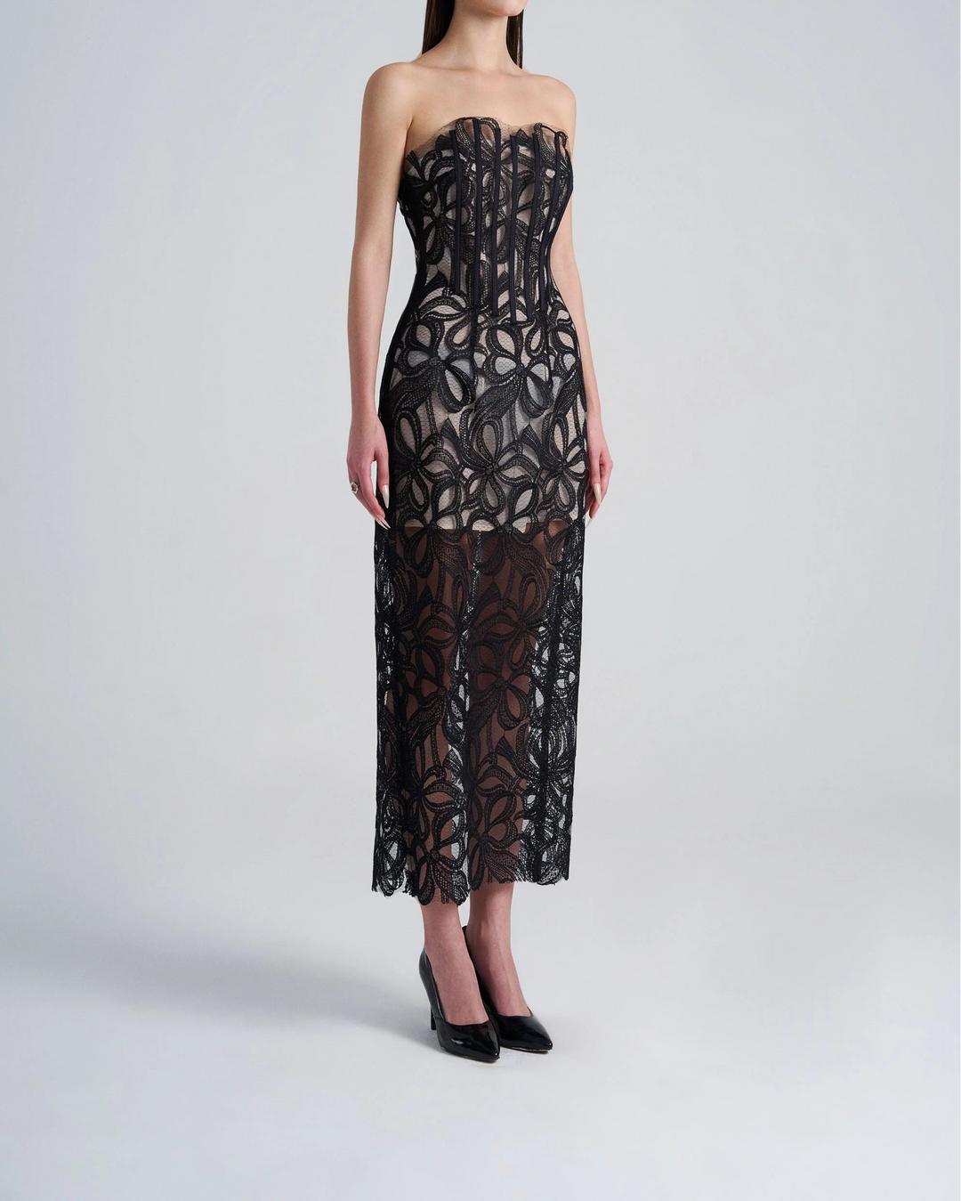 strapless lace midi dress with sheer corset bodice – AURFA