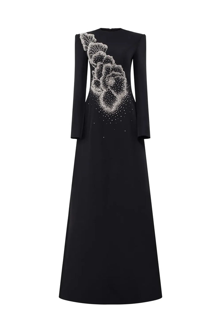 Long-Sleeve A-line Dress with Beaded Floral Accents - BLOSSOM