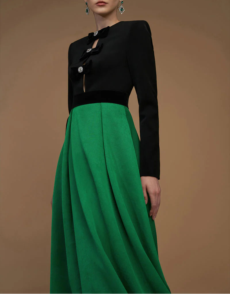 long-sleeve two-tone gown with velvet bows – REGINA