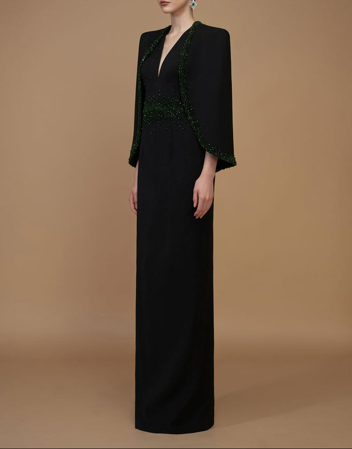 plunging v-neck gown with embellished cape – EMERALD