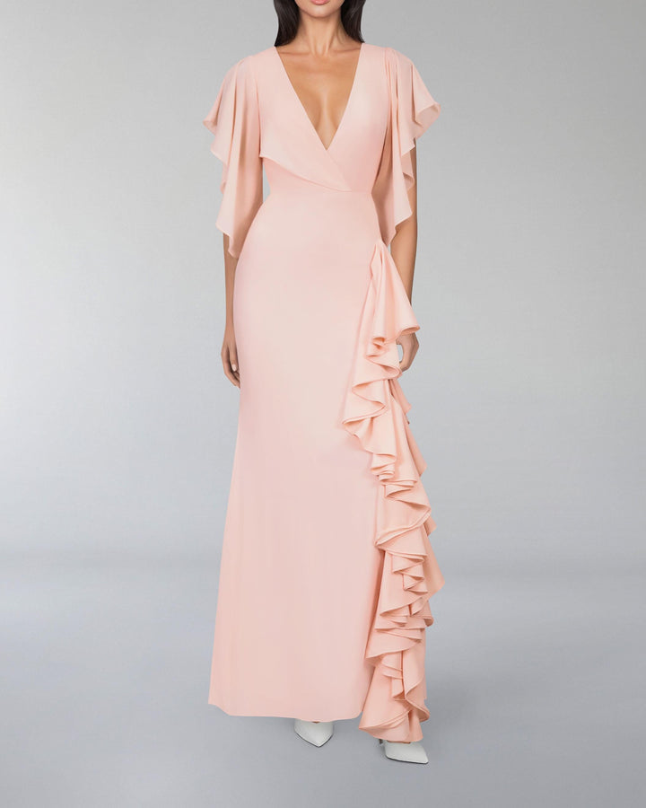 V-neckline ruffle dress with ruffled sleeves