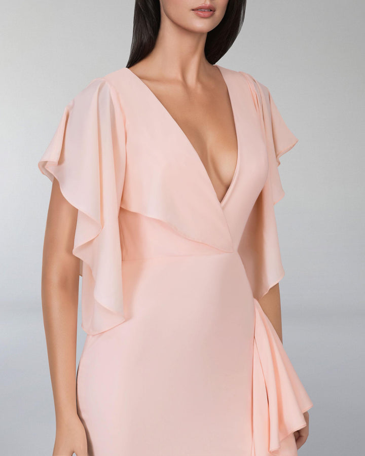 V-neckline ruffle dress with ruffled sleeves