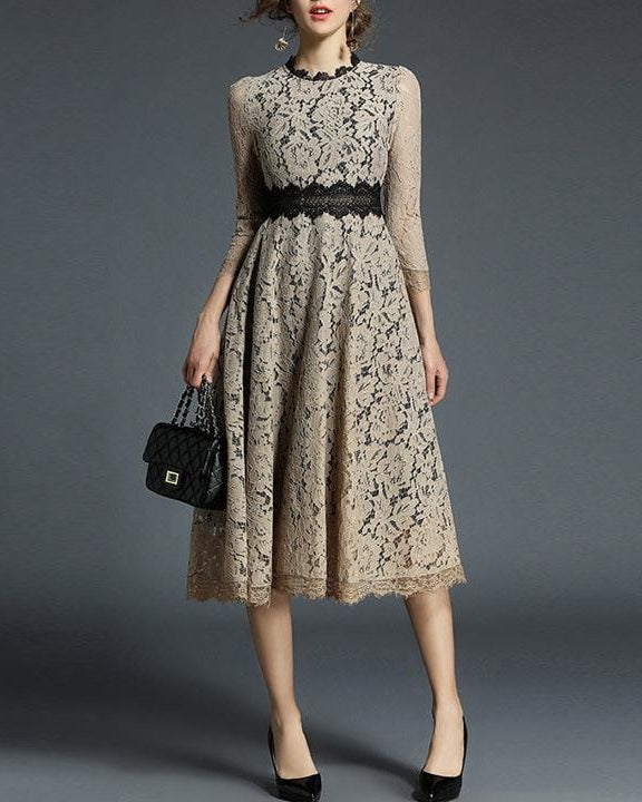 lace midi dress with contrast waistband – ZERINE
