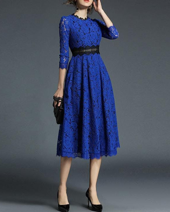 lace midi dress with contrast waistband – ZERINE