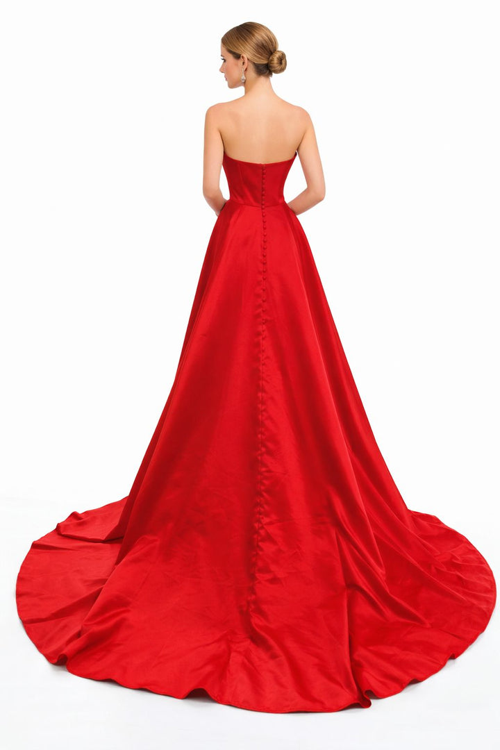 Strapless satin ball gown with embellished bodice and dramatic overskirt – SCARLET