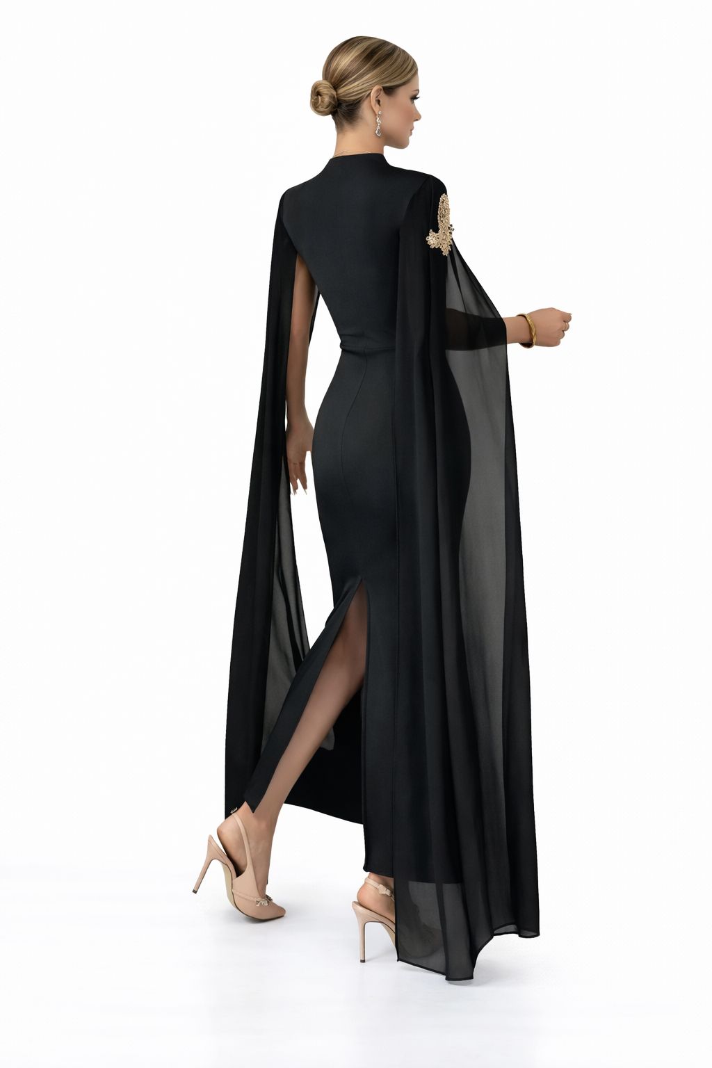 embellished V-neck column gown with flowing cape sleeves – IMPERIAL