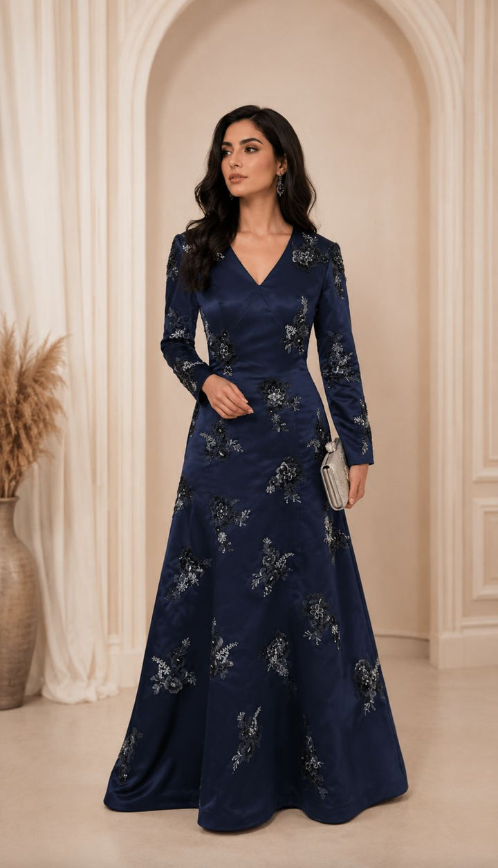 Floral Embroidered Satin Evening Gown - NOLE