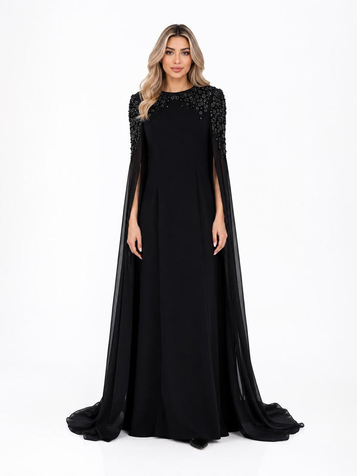 Black Embellished Cape Sleeve Evening Gown – CELESTIA
