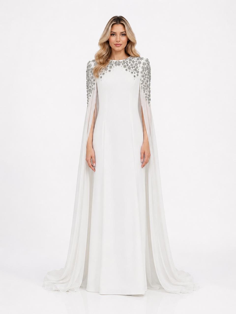 Black Embellished Cape Sleeve Evening Gown – CELESTIA