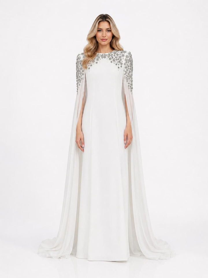 Black Embellished Cape Sleeve Evening Gown – CELESTIA