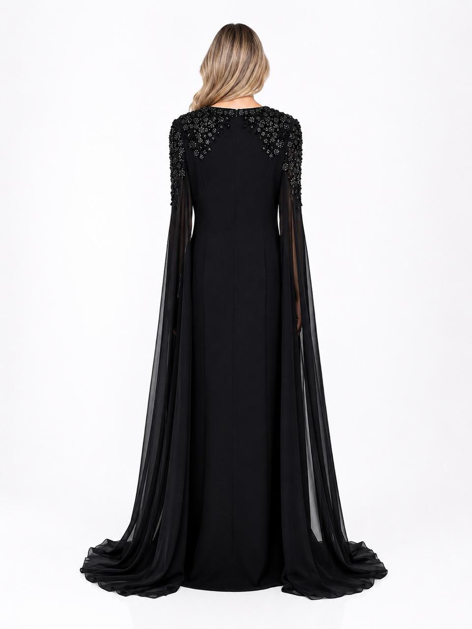 Black Embellished Cape Sleeve Evening Gown – CELESTIA