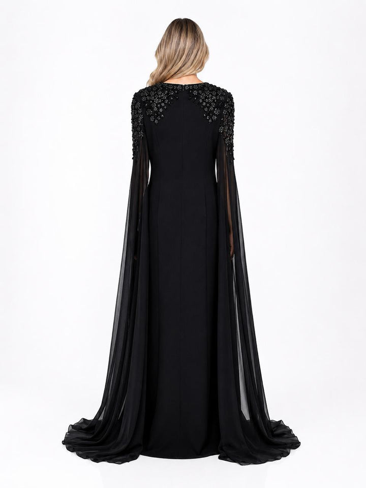 Black Embellished Cape Sleeve Evening Gown – CELESTIA