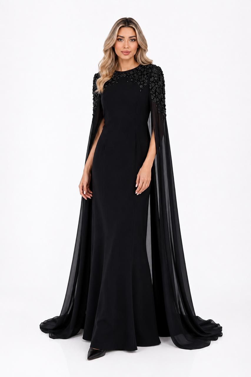 Black Embellished Cape Sleeve Evening Gown – CELESTIA