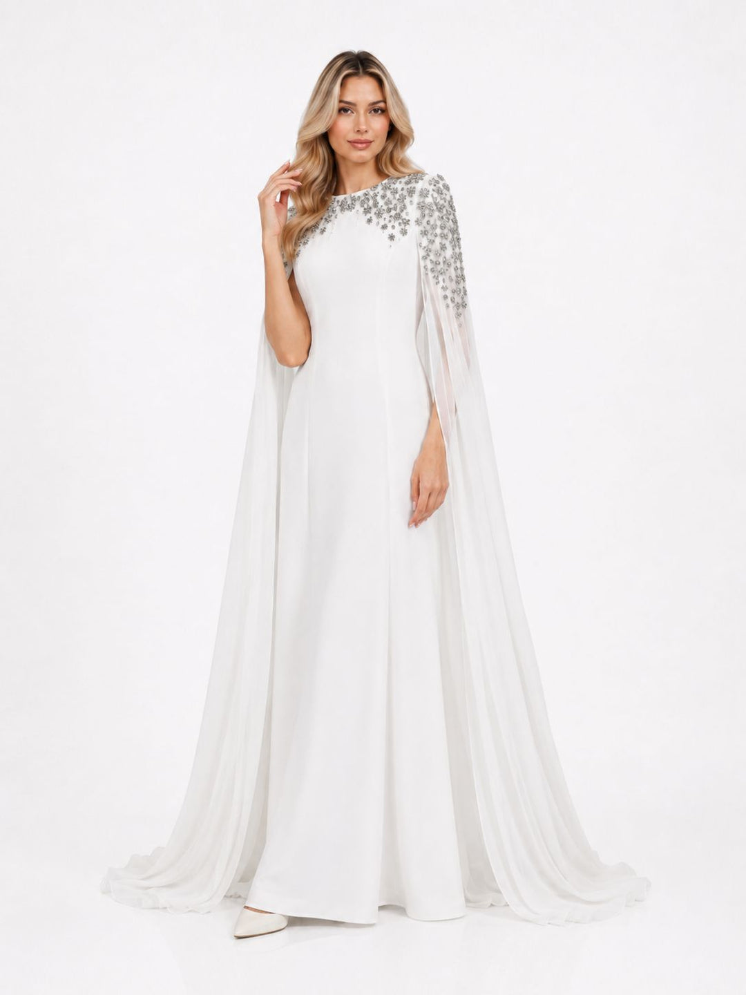 Black Embellished Cape Sleeve Evening Gown – CELESTIA