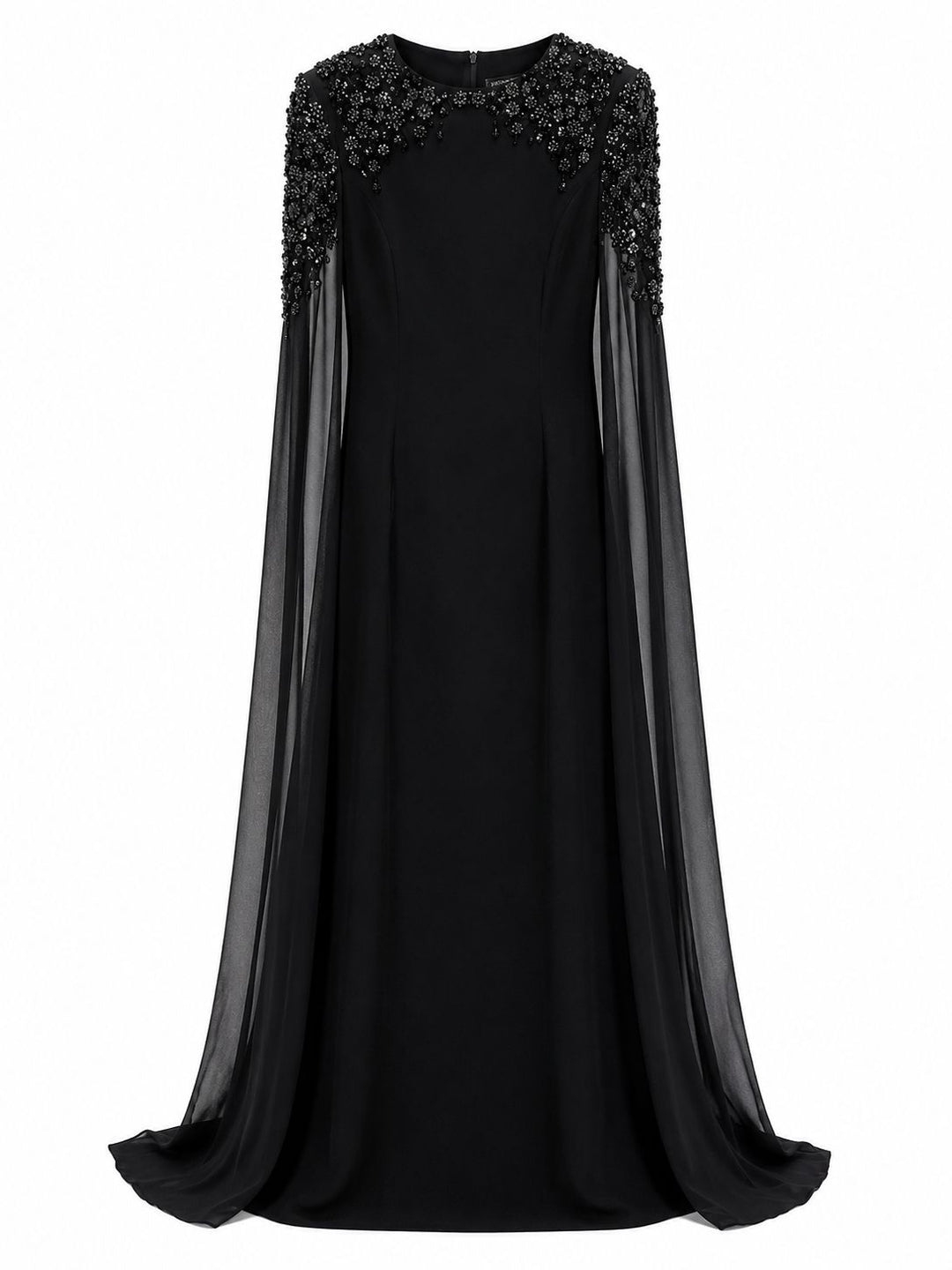 Black Embellished Cape Sleeve Evening Gown – CELESTIA