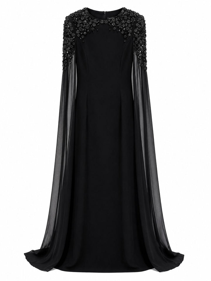Black Embellished Cape Sleeve Evening Gown – CELESTIA