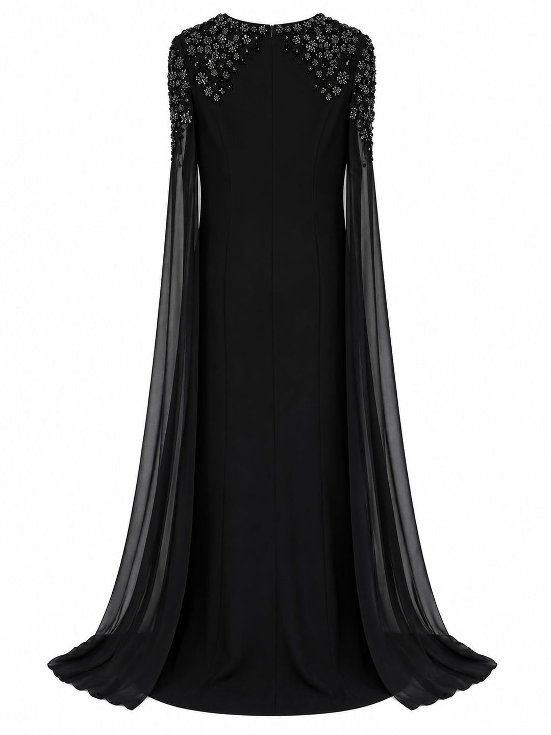 Black Embellished Cape Sleeve Evening Gown – CELESTIA