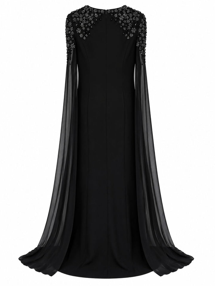 Black Embellished Cape Sleeve Evening Gown – CELESTIA