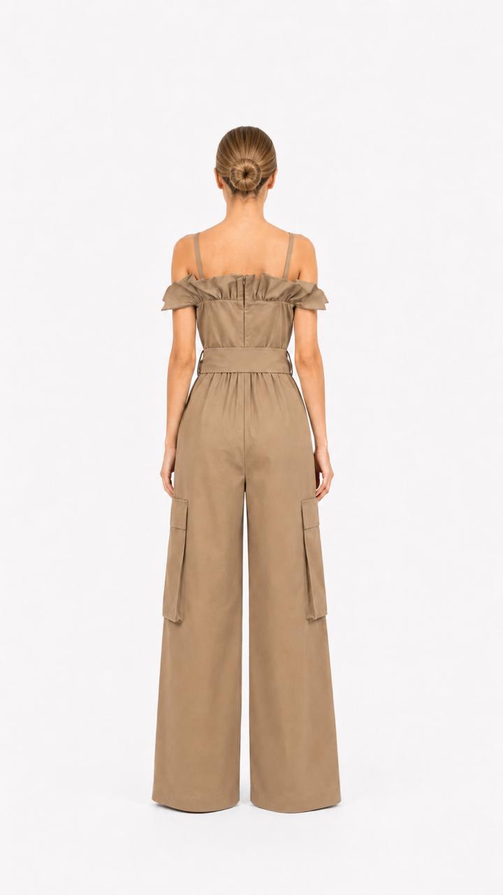 Khaki Off-Shoulder Utility Jumpsuit – AURELIA