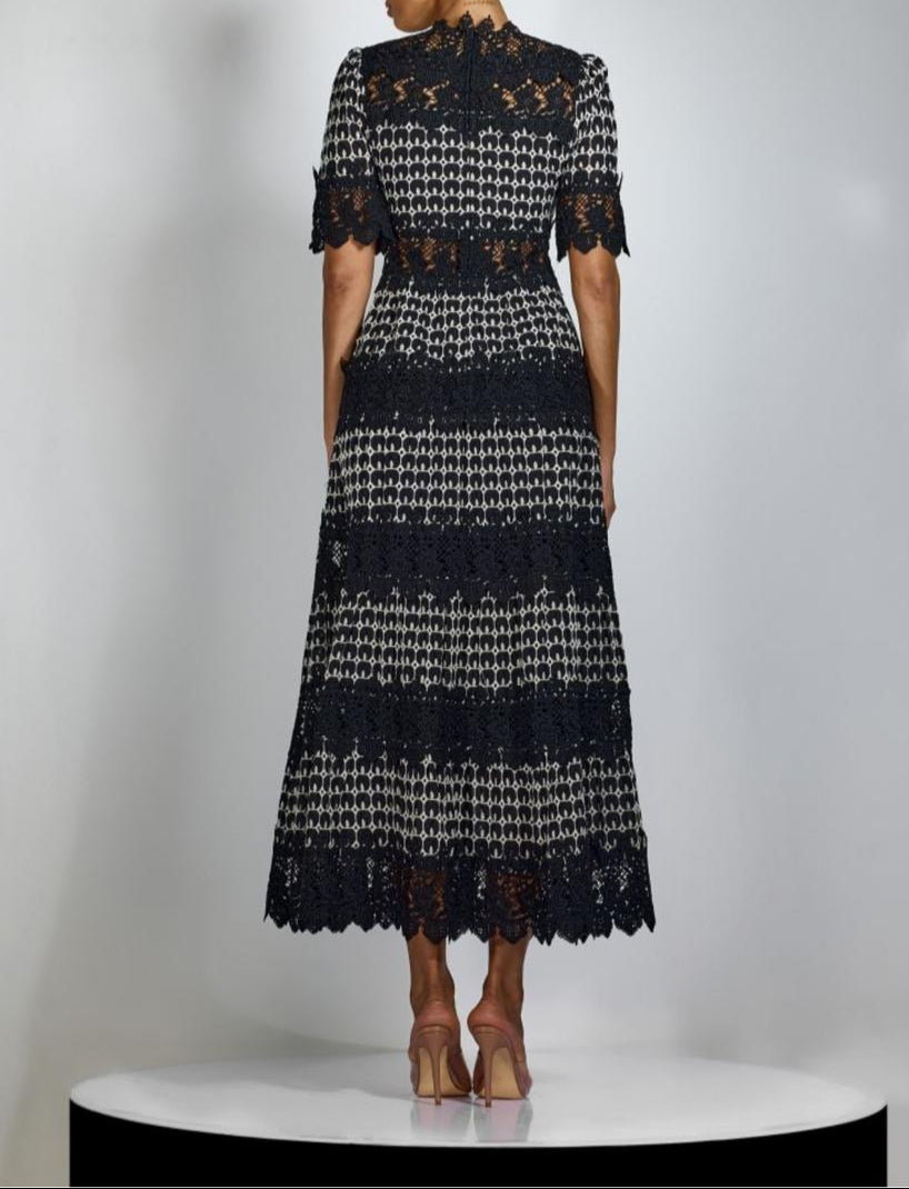 lace panel midi dress with scalloped hem – CELINECI