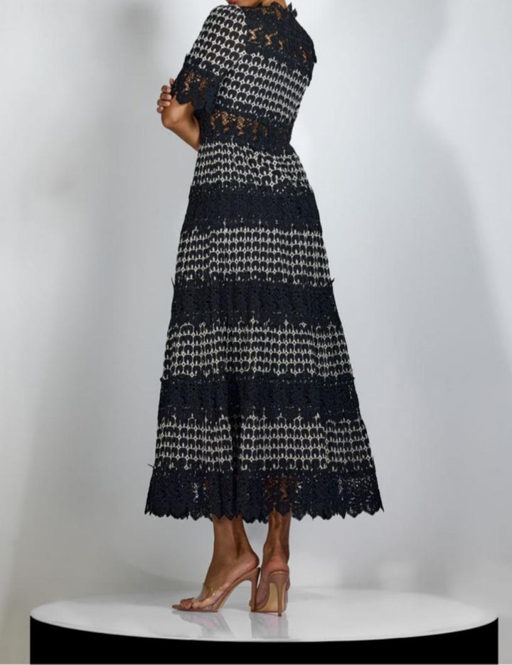 lace panel midi dress with scalloped hem – CELINECI