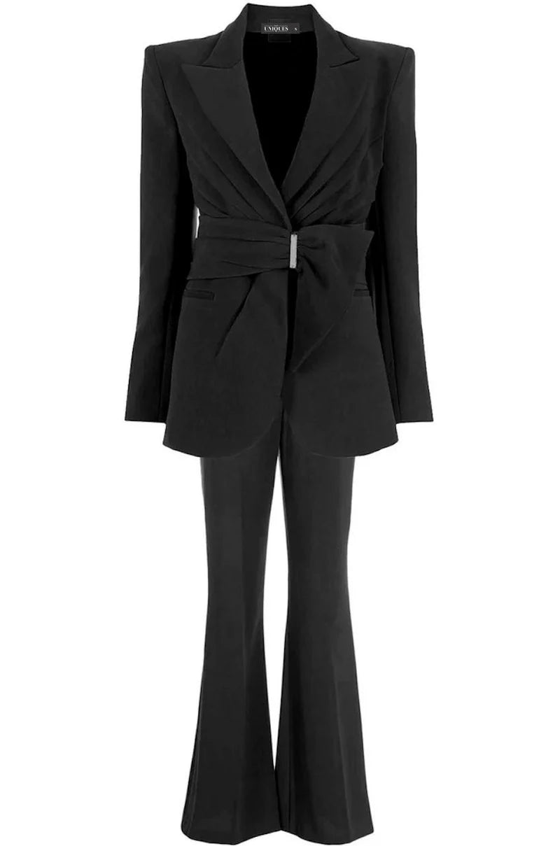 Draped belted blazer broekenset met uitlopende pijpen – Vronik 